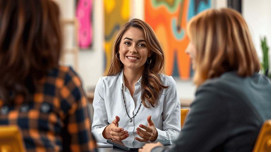 A smiling young woman in a white shirt engages enthusiastically with two other people in a colorful, casual setting. Her animated hand gestures and friendly expression suggest she's participating in a focus group or in-person market research study. The vibrant background art adds to the dynamic atmosphere, illustrating the interactive and engaging nature of market research participation.