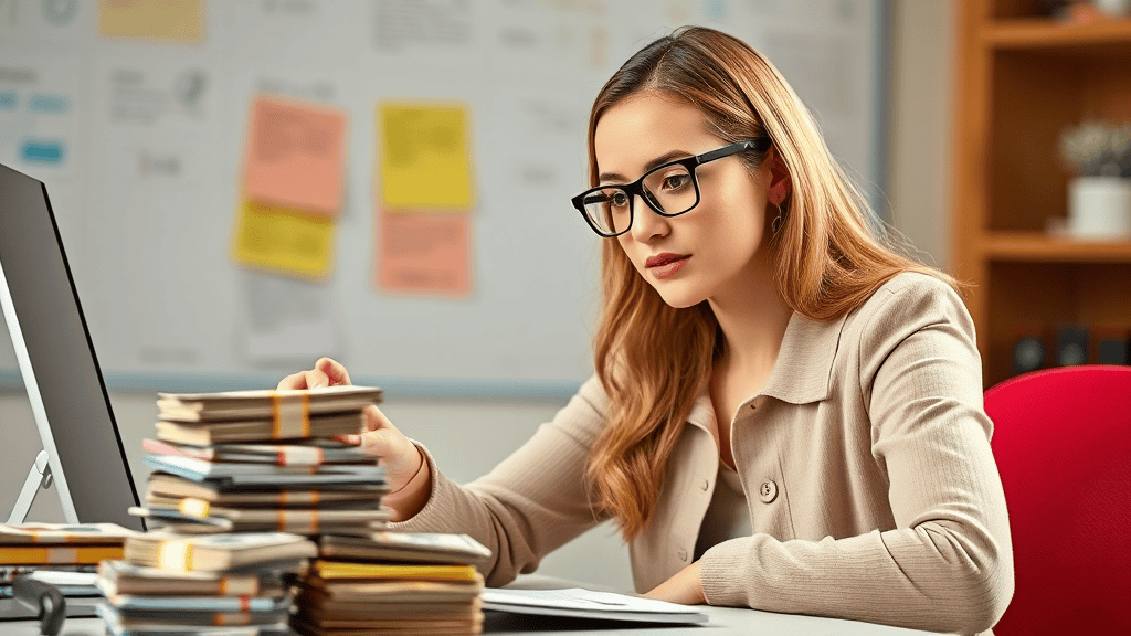 A diligent young woman with glasses sits at a desk, intently focused on her computer screen. Surrounded by stacks of books and documents, with colorful sticky notes on a board behind her, the image portrays the essence of participating in paid research studies from home. Her organized workspace and attentive posture suggest the serious approach required for online surveys, academic research, and data analysis tasks that often comprise paid studies.