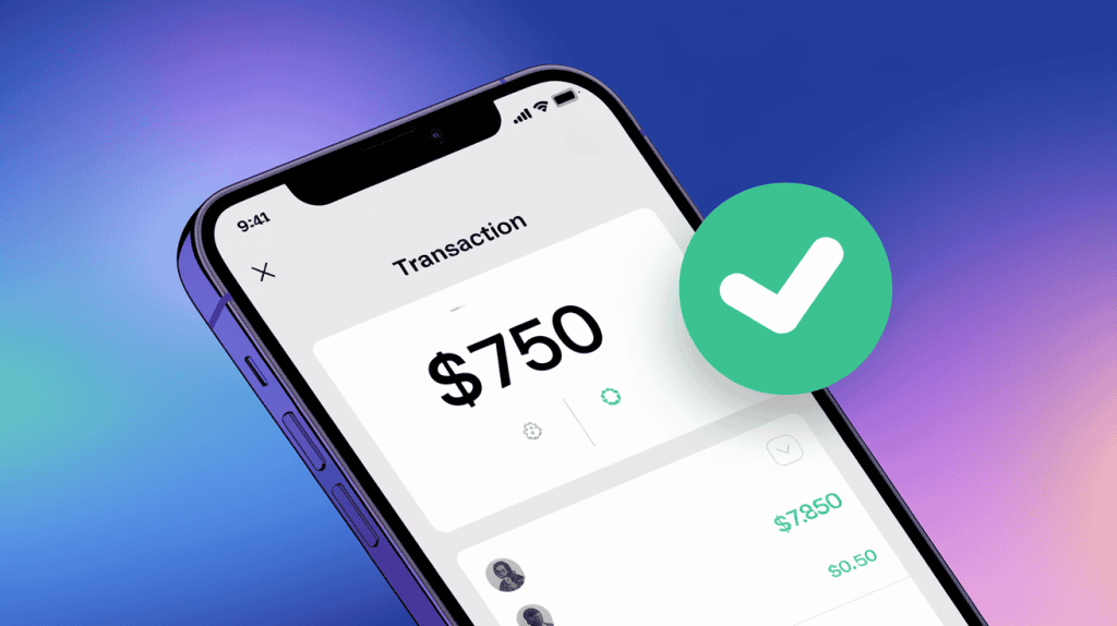 An illustration of a smartphone screen displaying a Cash App transaction. The transaction amount is $750. There is a green checkmark next to the transaction, indicating that it has been successfully completed. The background is a gradient of blue and purple.