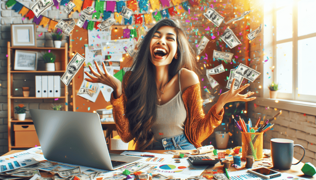 A photorealistic and vibrant image of a young woman in her early 20s, overjoyed and throwing money around in her home office. The scene is filled with bright colors and cheerful elements, showcasing her excitement after discovering the perfect affiliate marketing program for beginners. She has long hair, wearing casual yet stylish attire, with a laptop and various marketing materials scattered around her desk. The background features lively decorations, emphasizing a sense of success and celebration in her workspace.