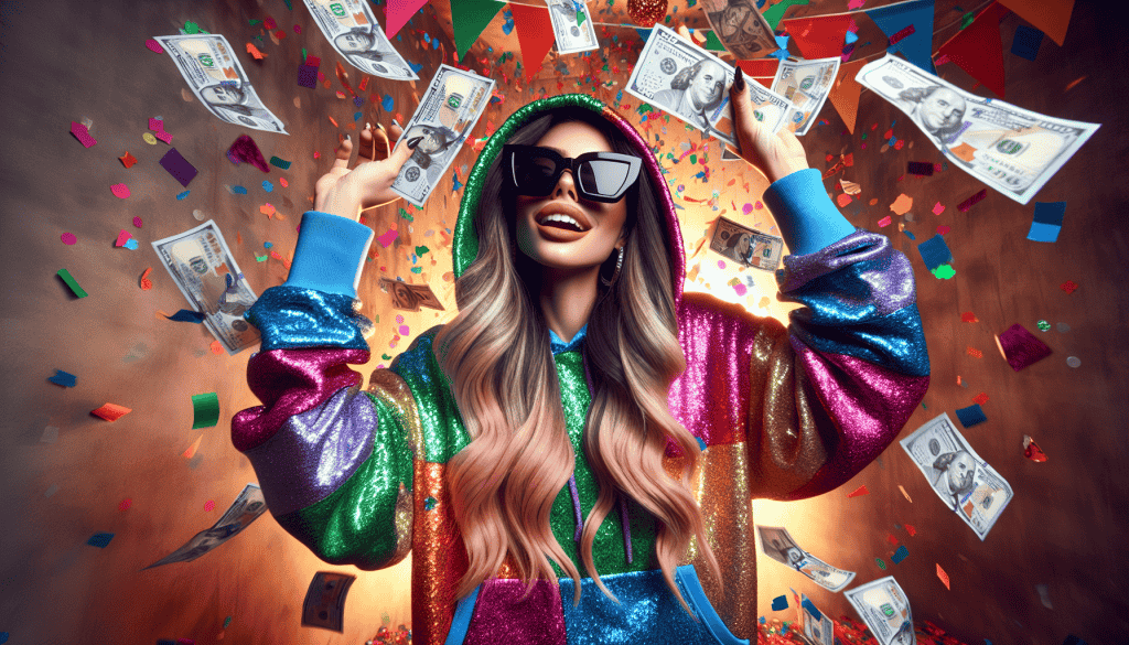 A photorealistic image of a young woman in her 20s, wearing a hoodie, a mask, and large sunglasses that cover her face while joyfully throwing money into the air. She is celebrating her financial success from selling digital products as an affiliate marketer. Her outfit is stylish and vibrant, showcasing energetic colors. The background is bright and festive, filled with colorful confetti and decorations that enhance the celebratory atmosphere, capturing her excitement and the thrill of her recent achievements.