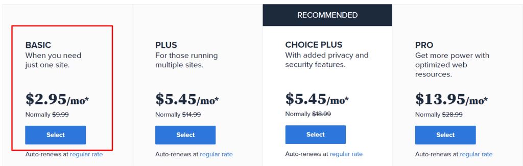 bluehost pricing plan page