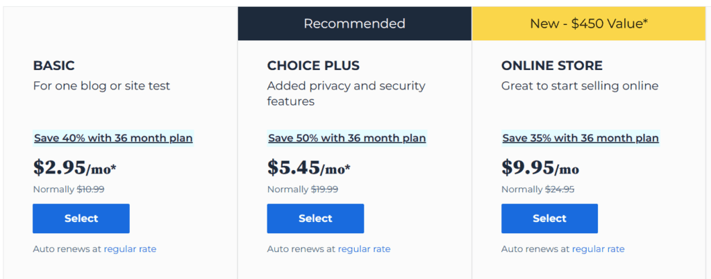 bluehost pricing plans