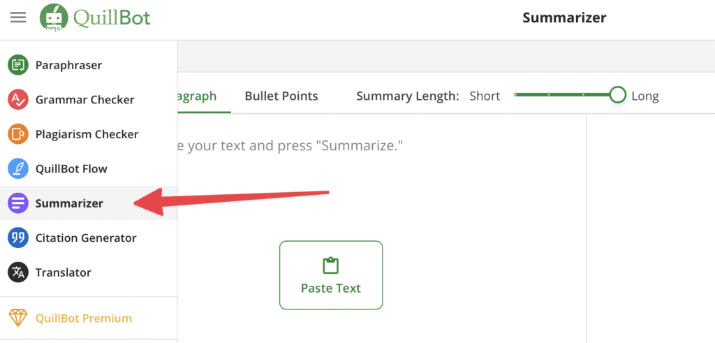 choose summarizer from the side panel menu