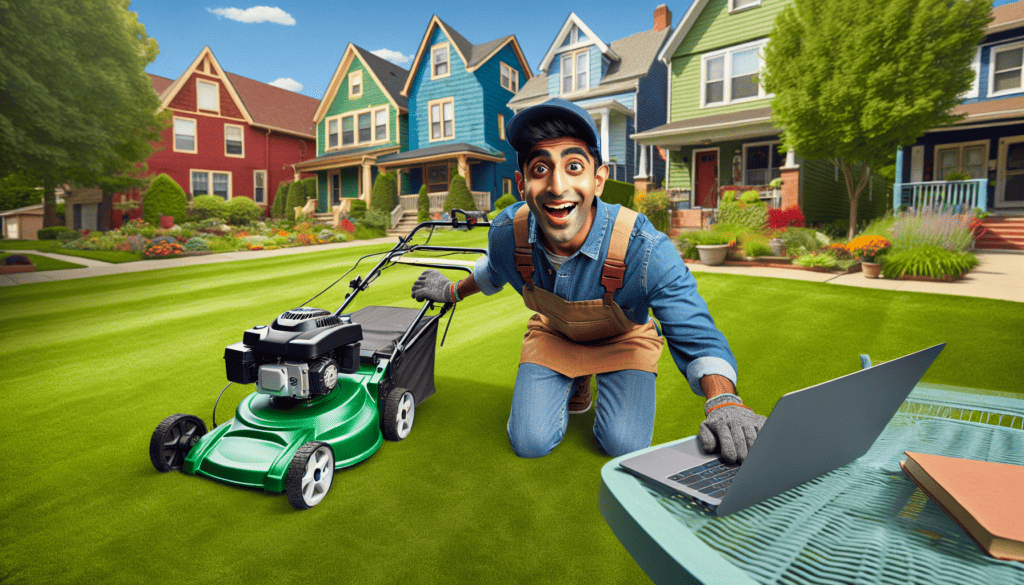 college student mowing lawn side