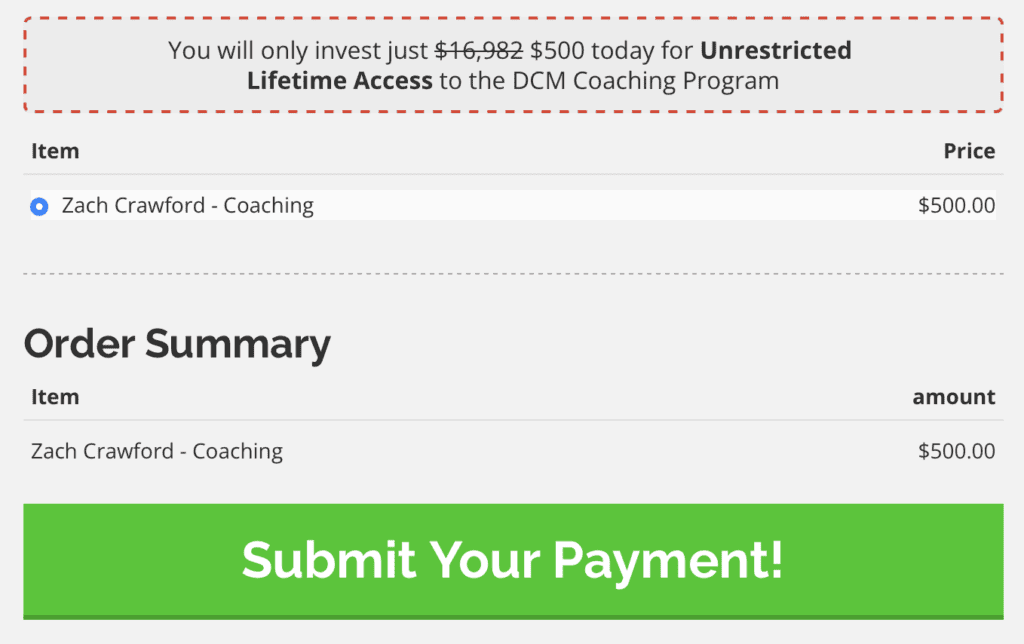 dcm checkout screen 500 dollar price