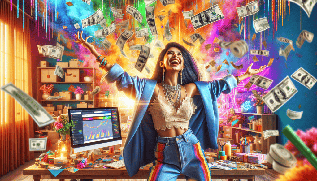 A photorealistic, vibrant, and colorful image of a young woman in her early 20s, exuberantly throwing money into the air. She is an ecommerce business owner, dressed in a trendy and stylish outfit that reflects her entrepreneurial spirit. The background features a dynamic workspace filled with ecommerce products, a laptop displaying sales figures and affiliate marketing success, and vibrant decor that conveys her energetic vibe. The atmosphere is celebratory, capturing her excitement after discovering a high-paying affiliate program, symbolizing success in her business.