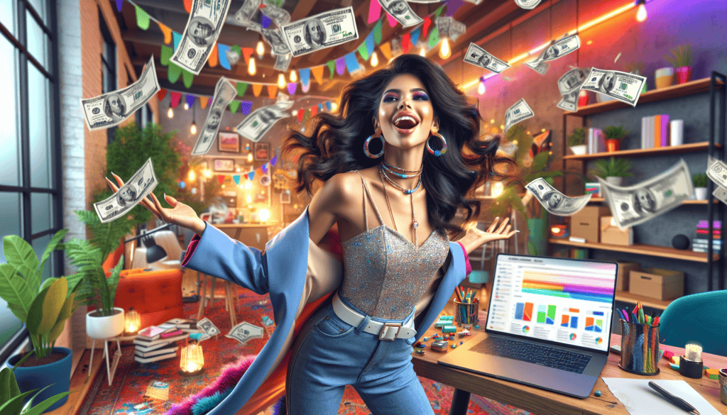A photorealistic, vibrant, and colorful image of a young woman in her early 20s, exuberantly throwing money into the air. She is an online marketer, dressed in a fashionable and modern outfit that reflects her youthful energy and creativity. The background showcases a lively workspace filled with a laptop displaying successful marketing metrics, colorful promotional materials, and bright decor that highlights her vibrant personality. The atmosphere is joyful and celebratory as she revels in the excitement of discovering a perfect affiliate program.
