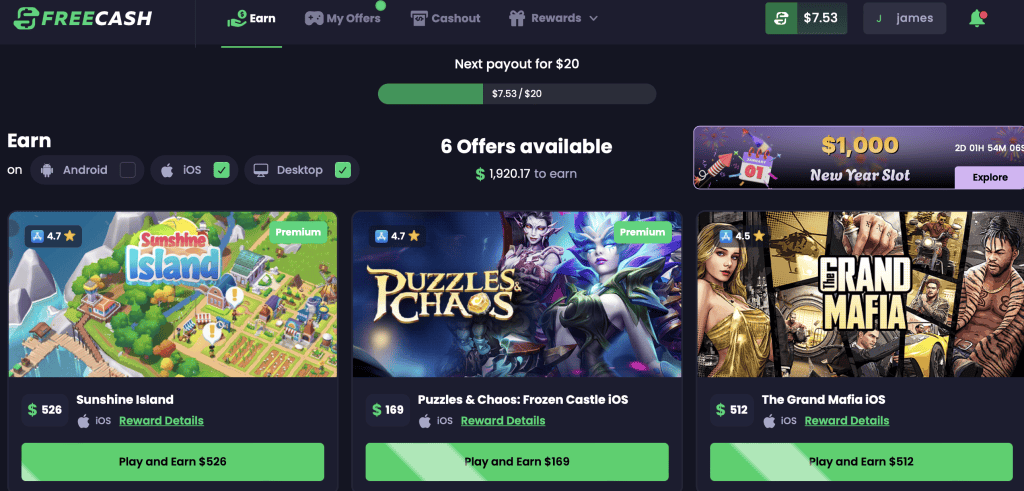 freecash homepage offer wall