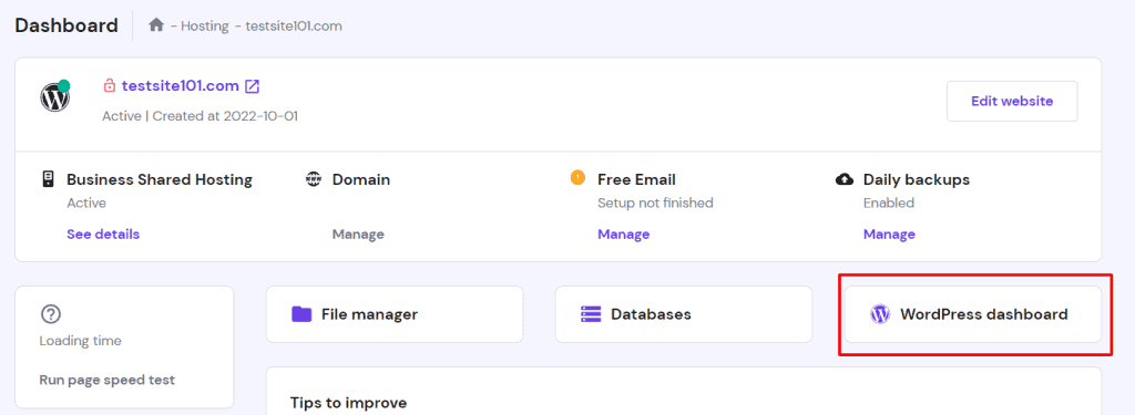hostinger new niche site wordpress dashboard