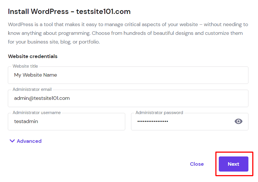 hostinger wordpress site name and credentials popup