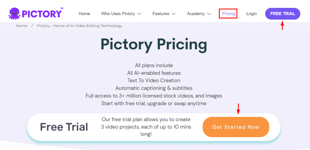 how to sign up for a pictory free trial plan