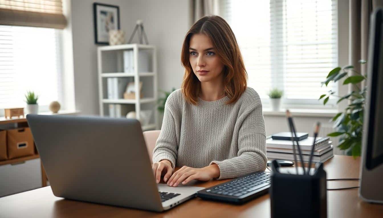 Woman in a cozy home office, typing on a laptop. Her comfortable sweater and organized workspace showcase the relaxed yet professional environment of a document typist working from home.