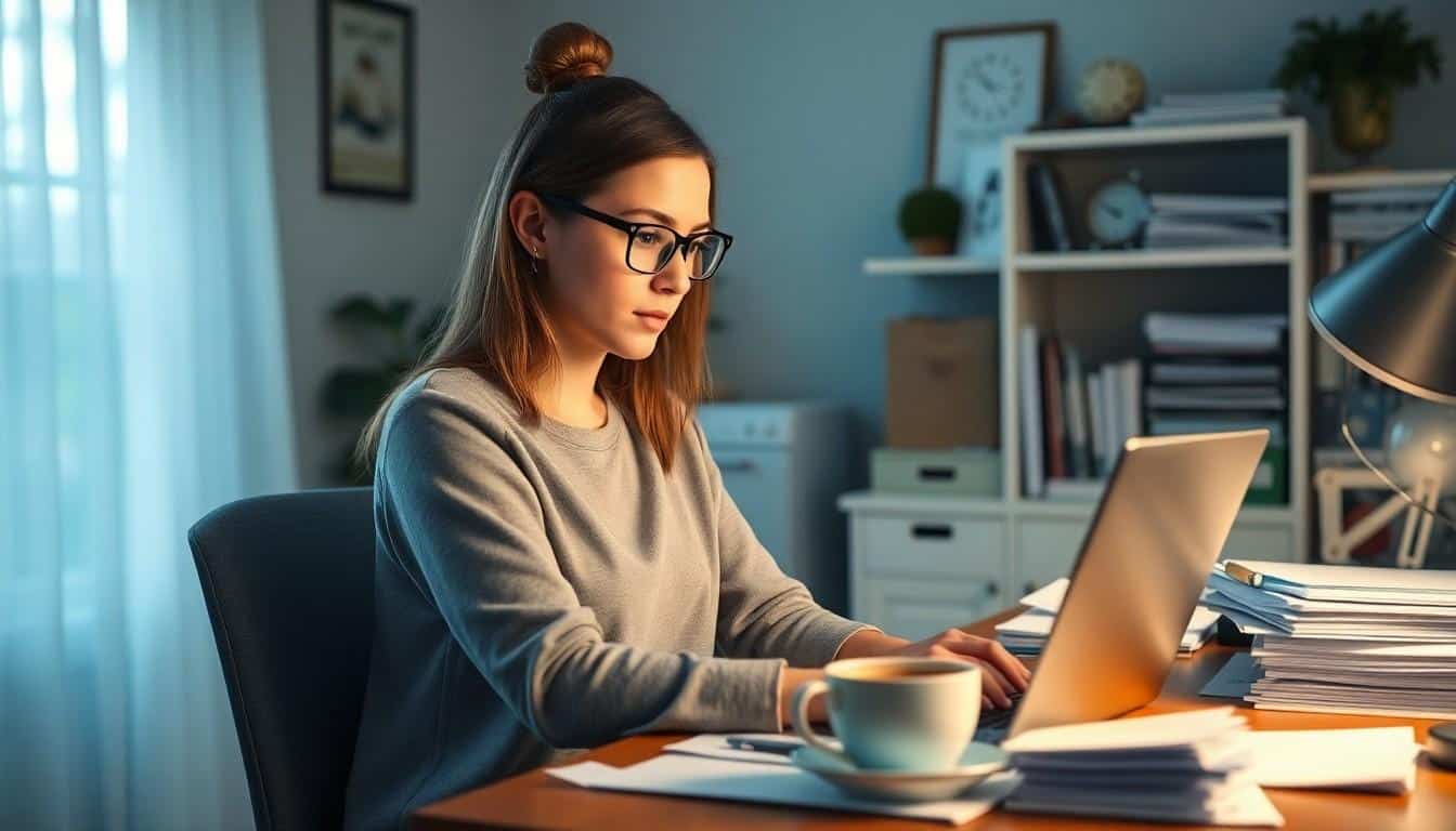 Focused woman with glasses and a casual hairstyle, intently working on her laptop in a home office setting. A coffee cup and stacked papers nearby illustrate the blend of comfort and productivity in remote document typing work