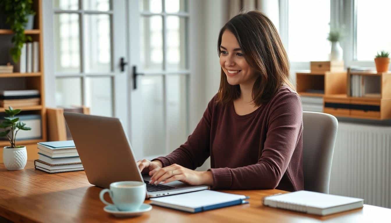 Smiling woman in a maroon top, typing on her laptop in a bright home office. Her positive expression conveys satisfaction with her work-from-home typing job, surrounded by books and a well-organized desk.