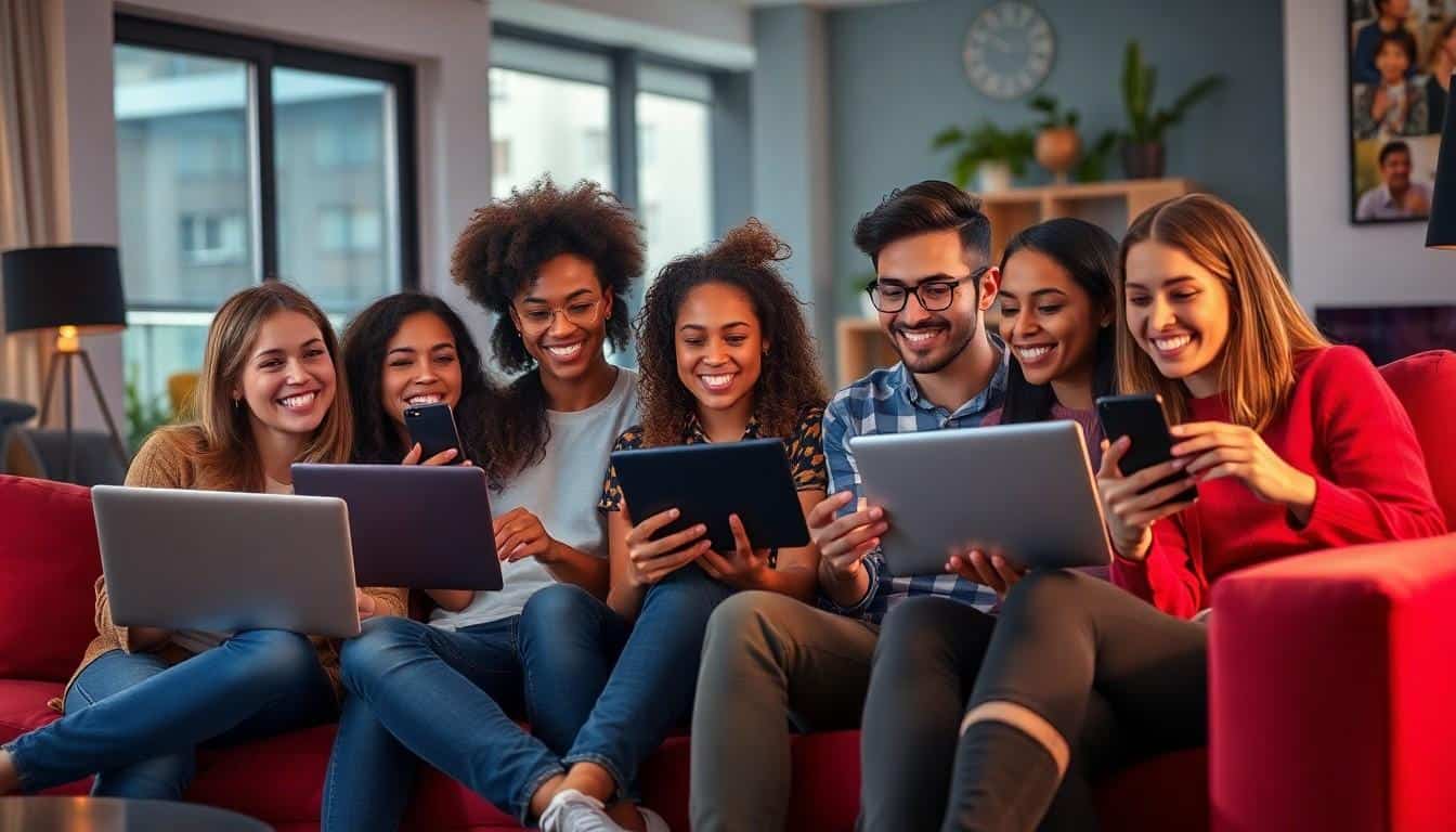 A diverse group of young adults sitting together on a red couch, smiling and engaged with various digital devices including laptops, tablets, and smartphones. This image represents the social aspect and flexibility of earning money by watching videos from home, showing how it can be done individually or as a shared activity with friends.