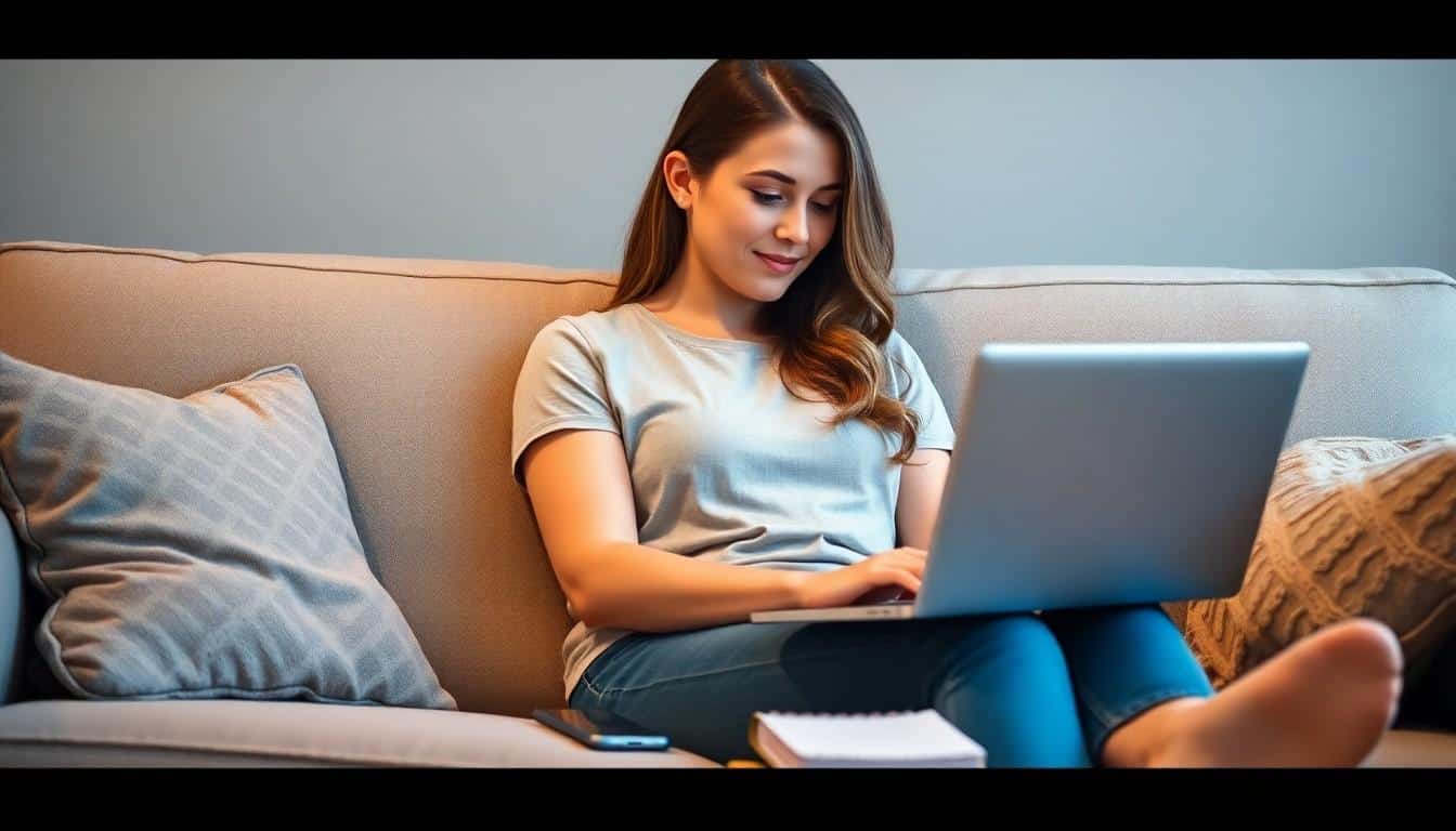 A young woman relaxing on a comfortable couch at home, focused on her laptop screen with a slight smile. A notebook and smartphone are visible nearby, suggesting she's organized and ready to engage in paid video watching tasks. The casual setting emphasizes the comfort and convenience of earning money from home through watching videos.