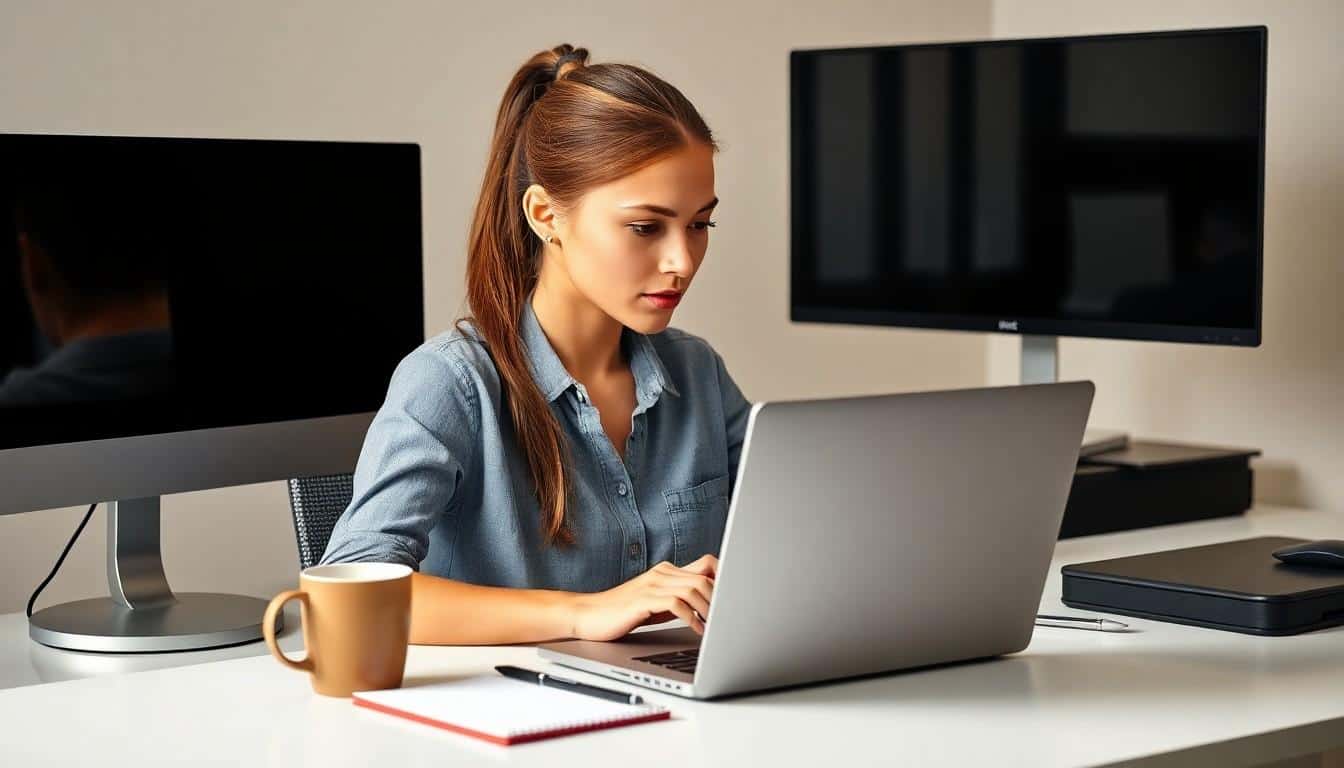 Professional-looking woman in a denim shirt, working on a laptop in a modern home office setup with multiple monitors. Her attentive posture and the presence of a notepad suggest her engagement in detailed document typing tasks