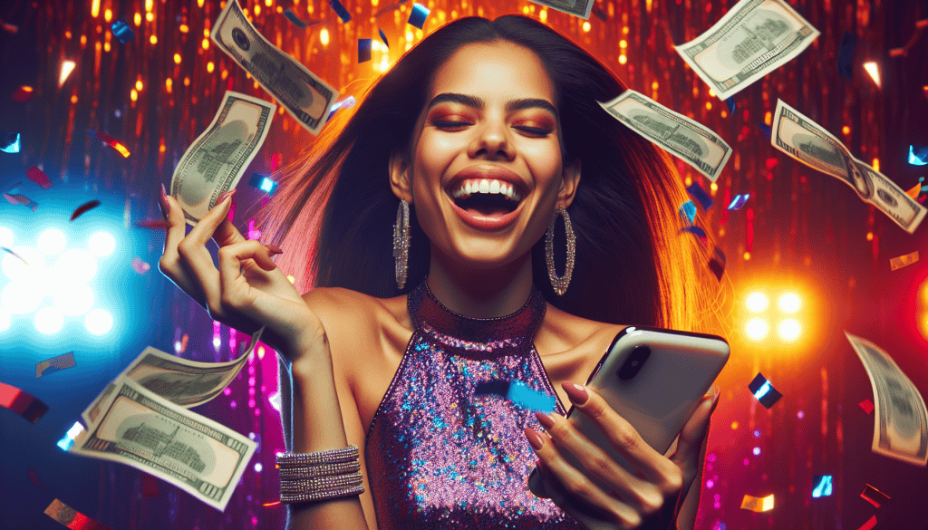 A photorealistic image of a young woman in her late teens, celebrating her financial success after making a significant amount of money from testing apps on her mobile phone. She is smiling joyfully, holding her phone in one hand while tossing money into the air with the other. The woman is dressed in trendy, colorful clothing that reflects her youthful spirit and excitement. The background is bright and lively, filled with vibrant colors, confetti, and decorations that create a cheerful atmosphere, highlighting her achievement.
