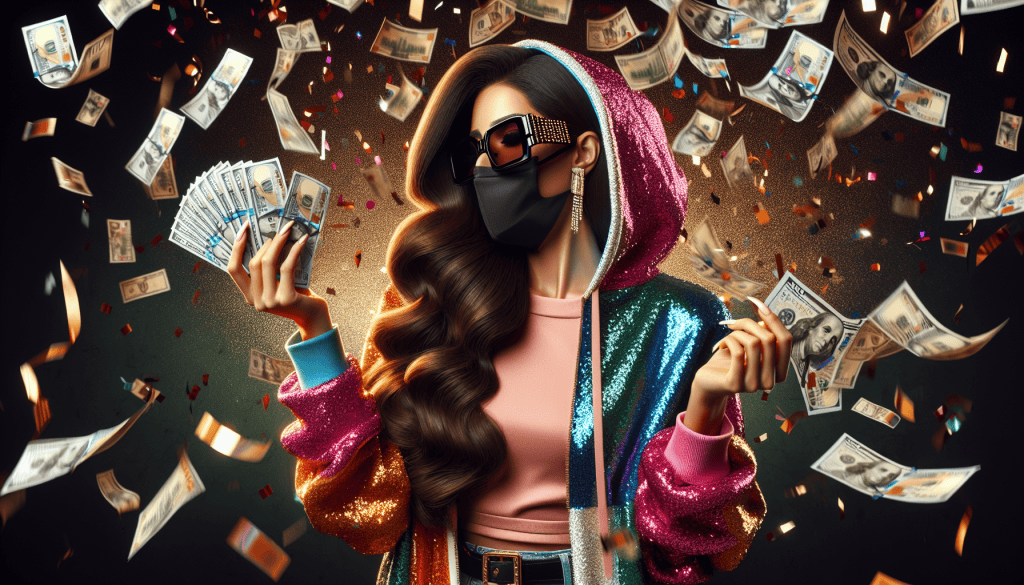 A photorealistic image of a young woman in her 20s, wearing a hoodie, a mask, and oversized sunglasses that cover her face, joyfully celebrating by throwing money into the air. She has made a significant amount of money from working as an affiliate marketer selling digital products. Her outfit is trendy and colorful, reflecting her vibrant personality. The background is bright and festive, adorned with colorful confetti and decorations, creating an energetic atmosphere that captures her excitement and the thrill of her financial achievement.