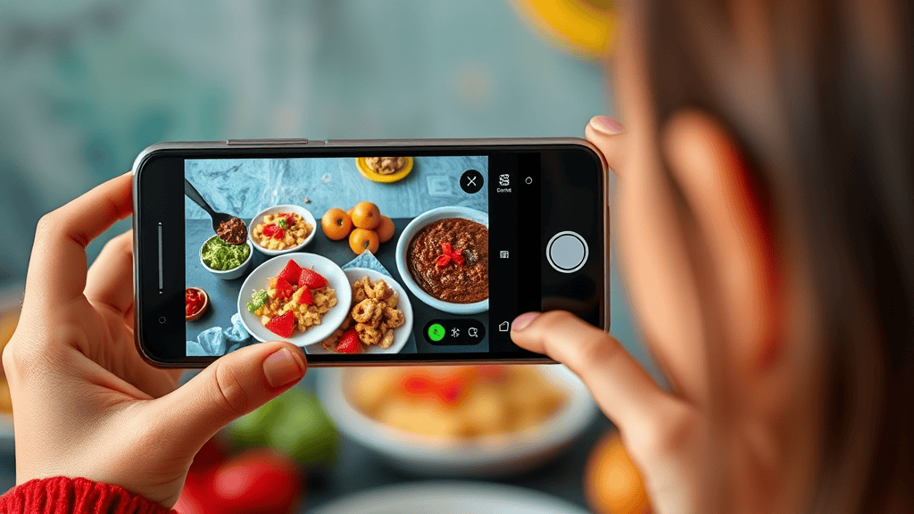 Over-the-shoulder view of someone taking a food photo with a smartphone, capturing a styled food flat lay. The phone screen shows various dishes including fresh fruit, nuts, a brown dip or sauce, and small bowls of sides arranged on a blue-tinted surface. The composition demonstrates food photography for social media content creation, with the iPhone camera interface visible showing various shooting options and controls. The photographer is wearing a red sweater and is positioned to take the overhead shot.