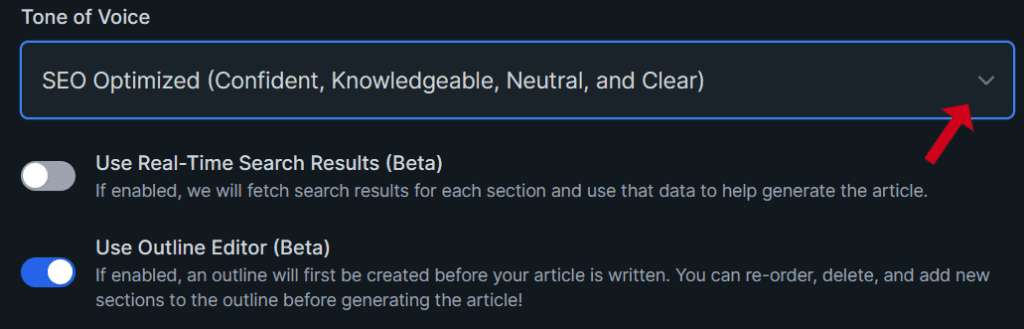 koalawriter tone of voice setting