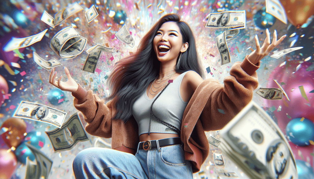 A photorealistic image of a young woman in her 20s, exuberantly celebrating her financial success after selling mrr. She is joyfully throwing money into the air, with a beaming smile on her face. The woman is dressed in stylish, casual attire that reflects her youthful energy. The background is vibrant and colorful, filled with confetti, balloons, and abstract patterns, creating a lively and celebratory atmosphere that captures the thrill of her achievement in the online marketplace.