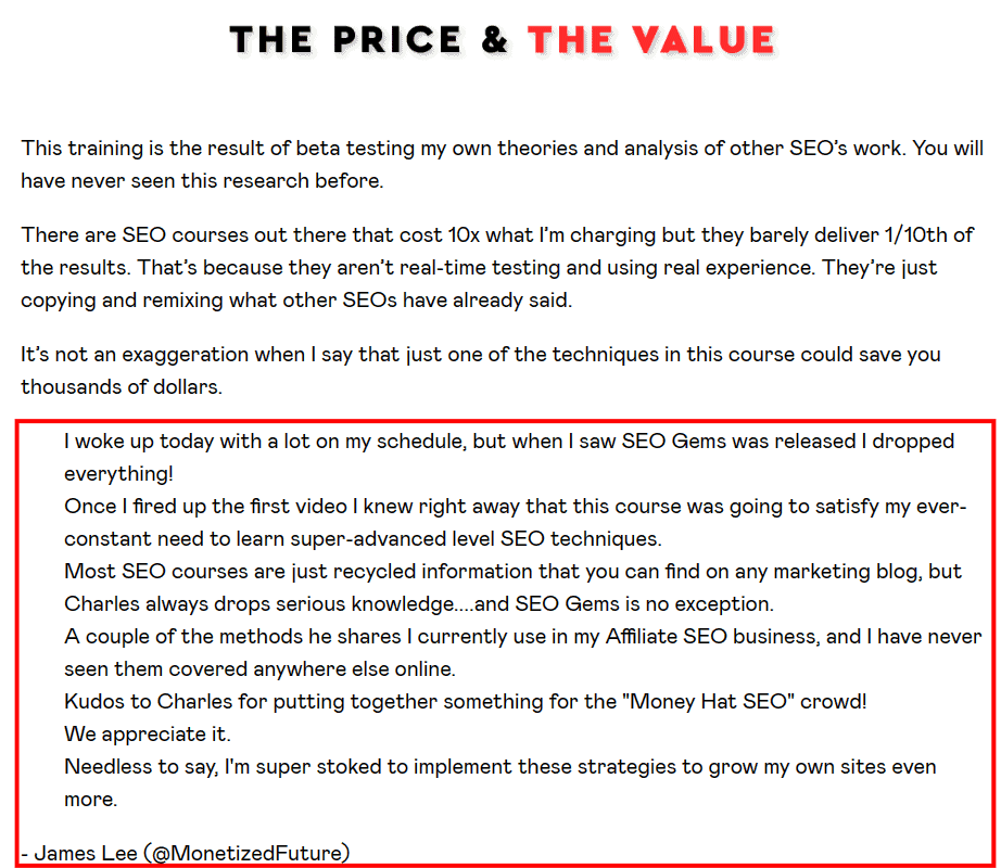 my seo gems testimonial from sales page