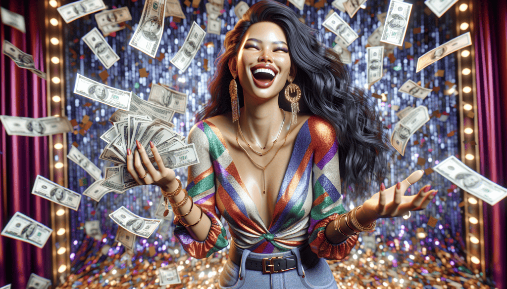 A photorealistic image of a young woman in her 20s, exuberantly celebrating her financial success after making a significant amount of money from passive income. She is joyfully throwing money into the air with a big smile on her face, reflecting her happiness and achievement. The woman is dressed in stylish, colorful attire that showcases her vibrant personality. The background is bright and lively, filled with confetti and colorful decorations, creating a festive atmosphere that captures the thrill of her financial accomplishment.