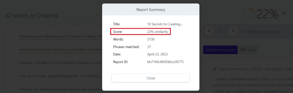 plagarism check report with quetext