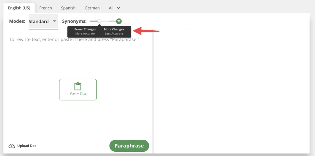 quillbot paraphrase adjust synonym slider