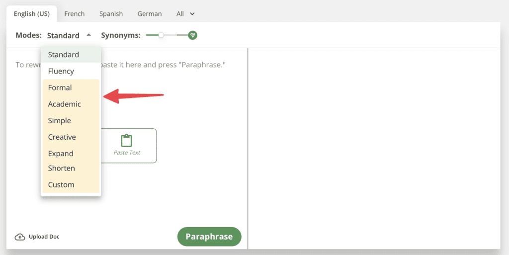 quillbot paraphrase select your mode