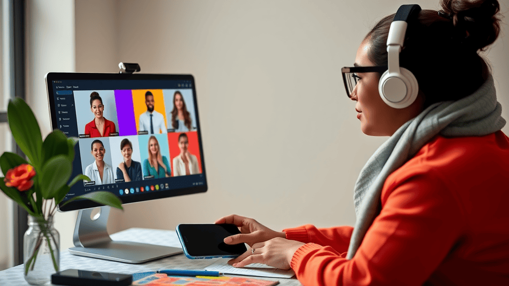 A woman wearing headphones and glasses participates in a video conference call, visible on her computer screen showing multiple participants. She's seated at a home desk with a smartphone and colorful papers, suggesting engagement in an online paid research study or focus group. The setup illustrates the modern approach to remote market research, combining technology with the comfort of working from home