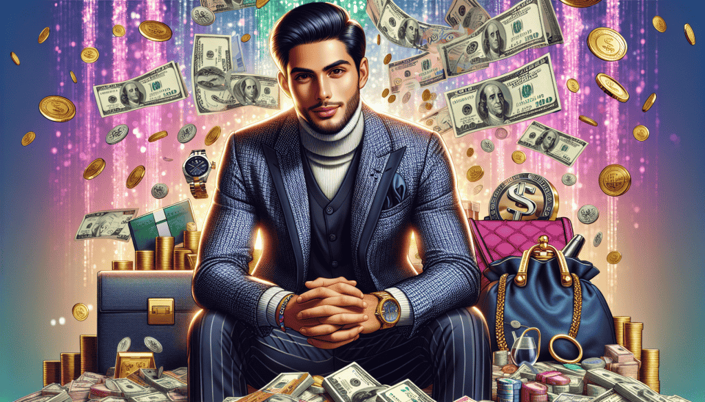A photorealistic image of a young man in his 20s, portrayed as greedy and thriving while running a pyramid scheme. He has a confident smirk, dressed in upscale, fashionable clothing that reflects his success. Surrounding him are stacks of cash, expensive watches, and luxury items that symbolize wealth. The background is vibrant and colorful, featuring elements like dollar signs and flashy decorations, creating a lively atmosphere that highlights his ambition and the deceitful nature of his financial gains.
