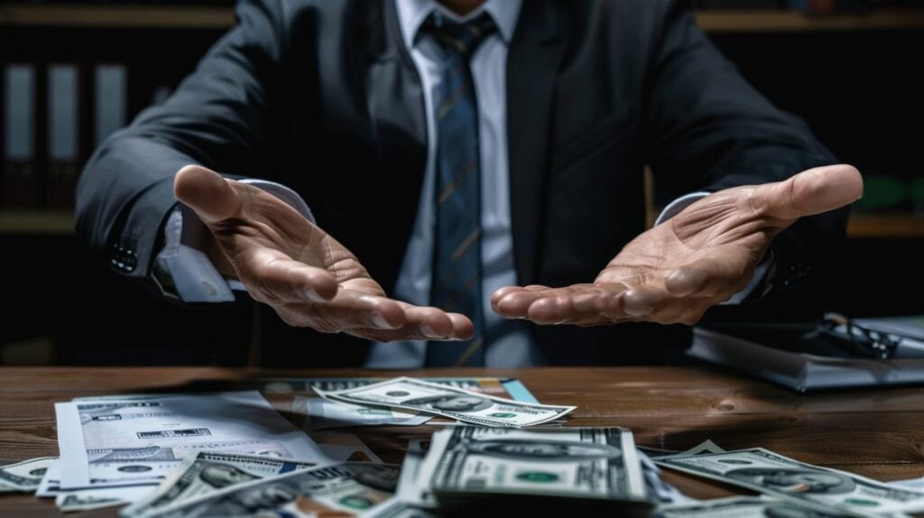 shady business deal with money on table