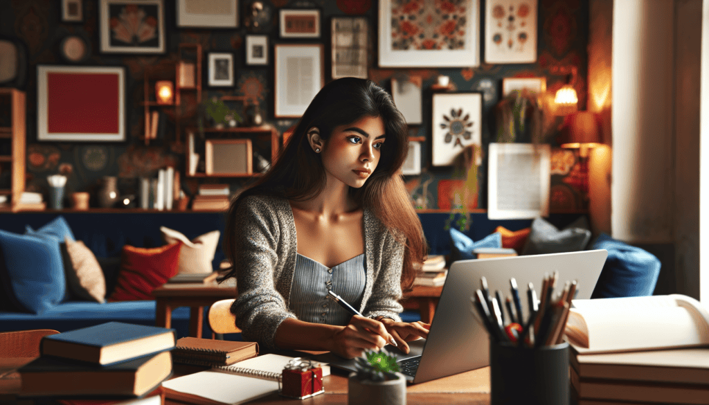 A photorealistic image of a young woman in her 20s, focused and engaged as she writes a college term paper on her laptop. She is sitting at a stylish desk in a cozy, well-decorated study area filled with books, notebooks, and stationery. The woman has an expression of concentration, with her long hair tied back and wearing casual, comfortable clothing. The background is vibrant and colorful, featuring decorative plants and motivational posters, creating a productive and inviting atmosphere perfect for studying.