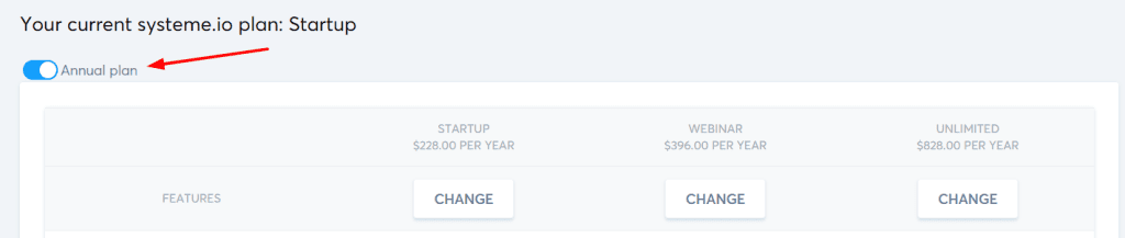 systeme.io annual plan change