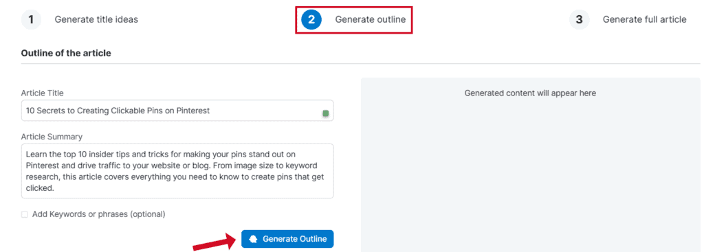tailwind blog creation wizard generate an outline