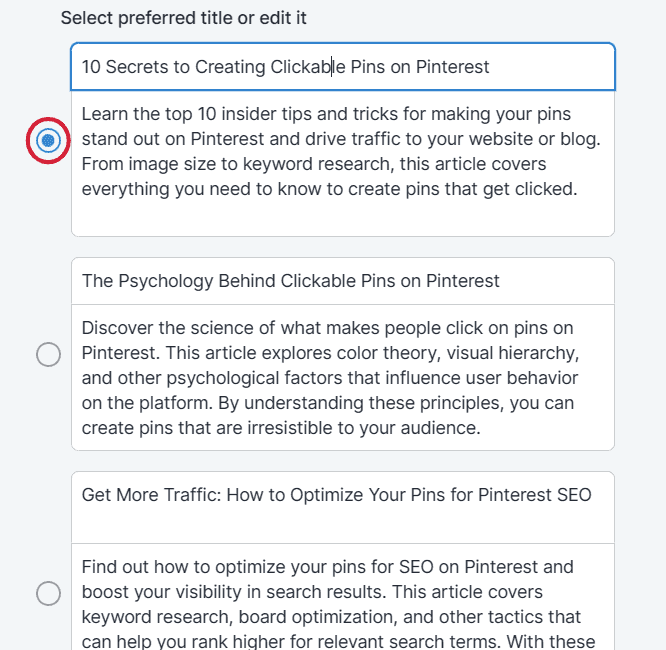 tailwind blog creation tool select or edit title