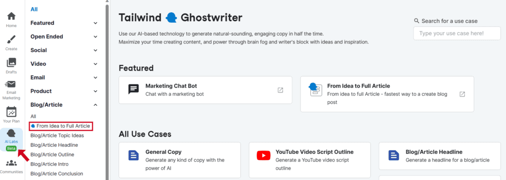 tailwind ghostwriter blog creation wizard