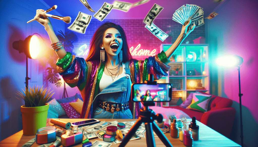 A photorealistic, vibrant, and colorful image of a young woman in her early 20s, exuberantly livestreaming a product demonstration on TikTok Shop while throwing money into the air. She is wearing a trendy outfit that reflects her vibrant personality as an affiliate marketer. The background is bright and lively, showcasing her workspace with a smartphone capturing the livestream, various products on display, and colorful decor that creates an energetic atmosphere. The scene conveys her excitement and joy in promoting products through social media.