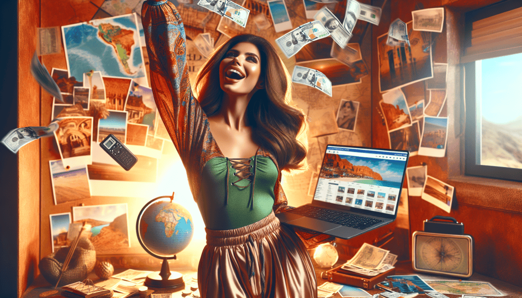 A photorealistic, vibrant, and colorful image of a young woman in her early 20s, joyfully throwing money into the air. She is a travel blogger, dressed in a fashionable travel outfit that suggests adventure and style. The background features a bright and lively setting that includes travel-related items like a globe, photographs of exotic destinations, and a laptop open to an affiliate marketing dashboard. The scene captures her excitement after discovering a high-paying affiliate program, radiating an atmosphere of happiness and successful travel experiences.