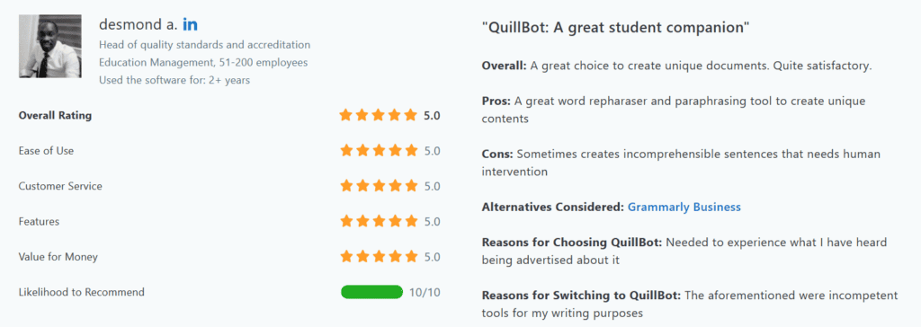 verified user review of QuillBot