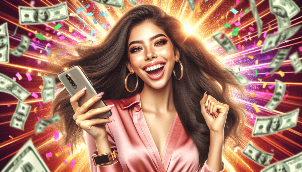A photorealistic image of a young woman in her late teens, celebrating her financial success after making a significant amount of money using apps on her mobile phone. She is smiling joyfully while holding her phone in one hand and throwing money into the air with the other. The woman is dressed in trendy, colorful attire that reflects her youthful spirit. The background is bright and lively, filled with vibrant colors, confetti, and playful decorations, creating an energetic atmosphere that highlights her excitement and achievement.