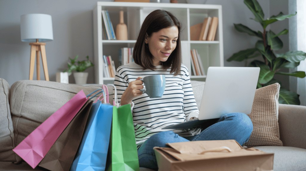 A photo of a woman sitting on a couch, shopping online on her laptop. She has a mug of coffee beside her and a pile of shopping
bags at her feet. The room has a cozy vibe, with a lamp, a plant, and a bookshelf in the background.
