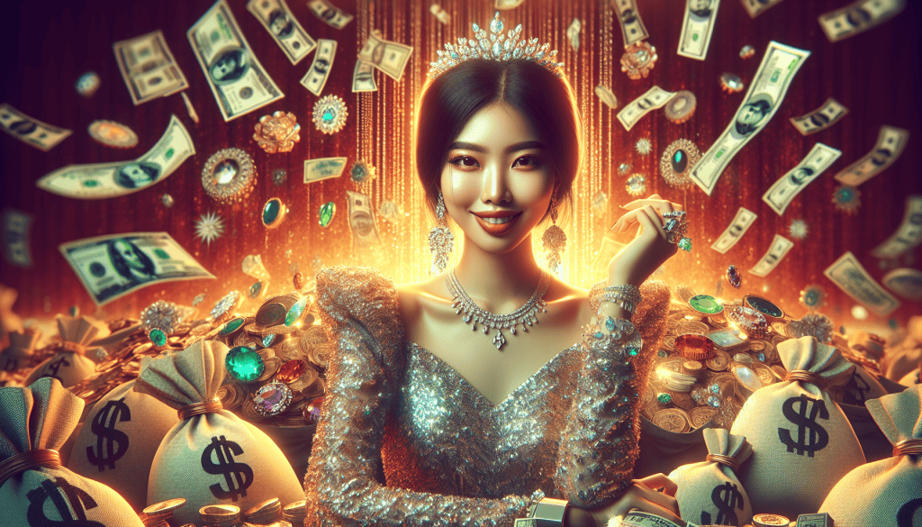 A photorealistic image of a young woman in her 20s, depicting her as greedy and succeeding in running a pyramid scheme. She is shown with an enticing, confident smile, surrounded by piles of cash, expensive jewelry, and luxury items that symbolize wealth. The woman is dressed in high-fashion clothing, radiating ambition. The background is bright and colorful, filled with dramatic elements like dollar signs, money bags, and lavish decorations, creating an energetic atmosphere that highlights her unethical success.