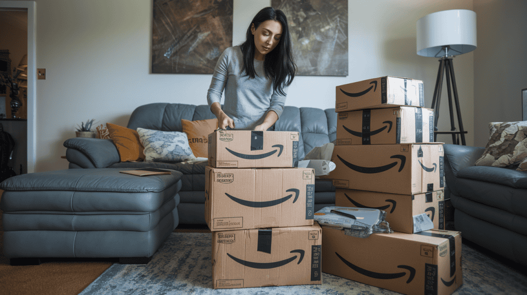 A photo of a woman unboxing a multi box Amazon delivery in her living room. She is wearing a gray shirt and has long, dark hair. She is standing near a couch. There are multiple boxes with the Amazon logo near her. The room has a rug and a lamp near the couch.