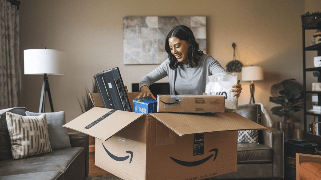 A photo of a woman unboxing a huge Amazon delivery in her living room. The woman is smiling as she opens the box.
The box is filled with various items, including a TV, a speaker, and some smaller packages. The living room has a couch, a lamp, and a plant. The background has a beige wall.
